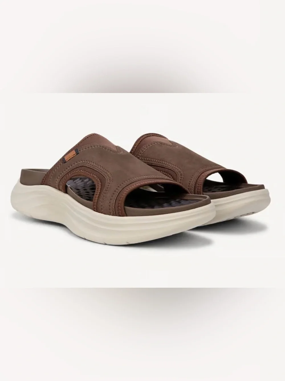 Brand New Mens…..Dr. Scholl's Brown Leather Slide Sandals with Cream Sole